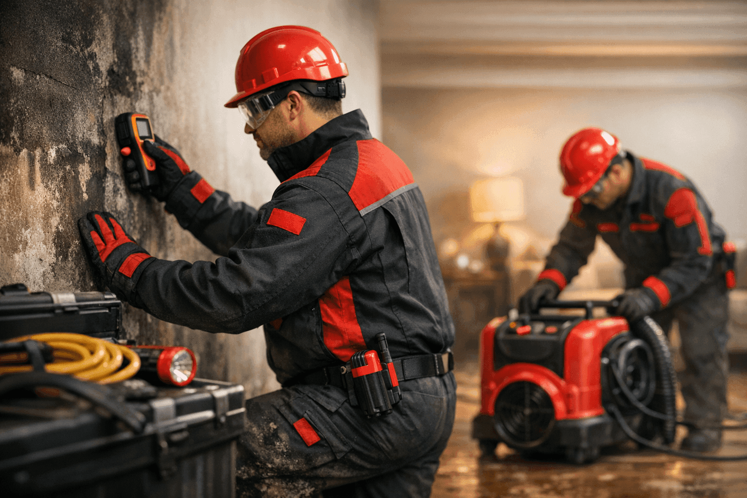 Two workers in fire-resistant PPE inspecting a restored indoor workspace for fire damage