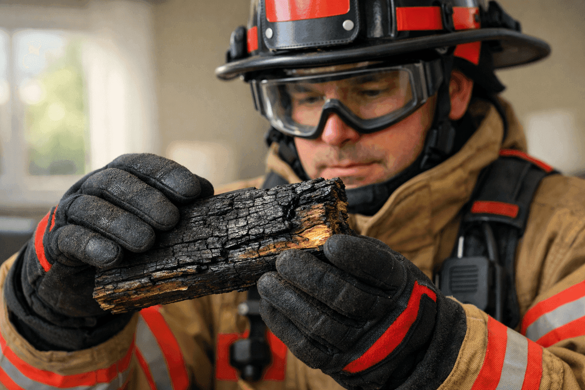 Firefighter in protective gear examining fire-damaged wood inside a clean residential interior